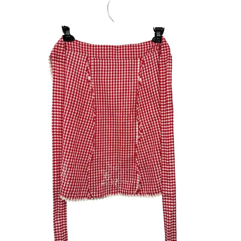 Vintage Red Gingham Half Apron Embroidered Pockets Farmhouse OSFM